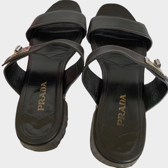 VINTAGE BLACK PRADA SLIP ON SLIDES LEATHER SANDALS WITH SILVER BUCKLE - Picture 10 of 16